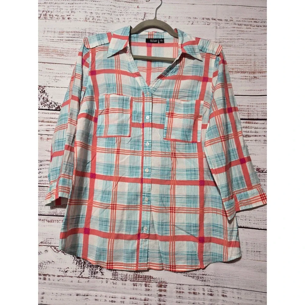 ana A New Approach Plaid Button Down Blouse Pink Blue 3/4 Roll Tab Sleeve Medium
